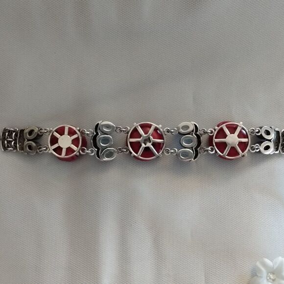 VINTAGE 925 Silver Bracelet with 10 TOPAZ and 3 Red Roses Toggle Closure - Picture 9 of 13